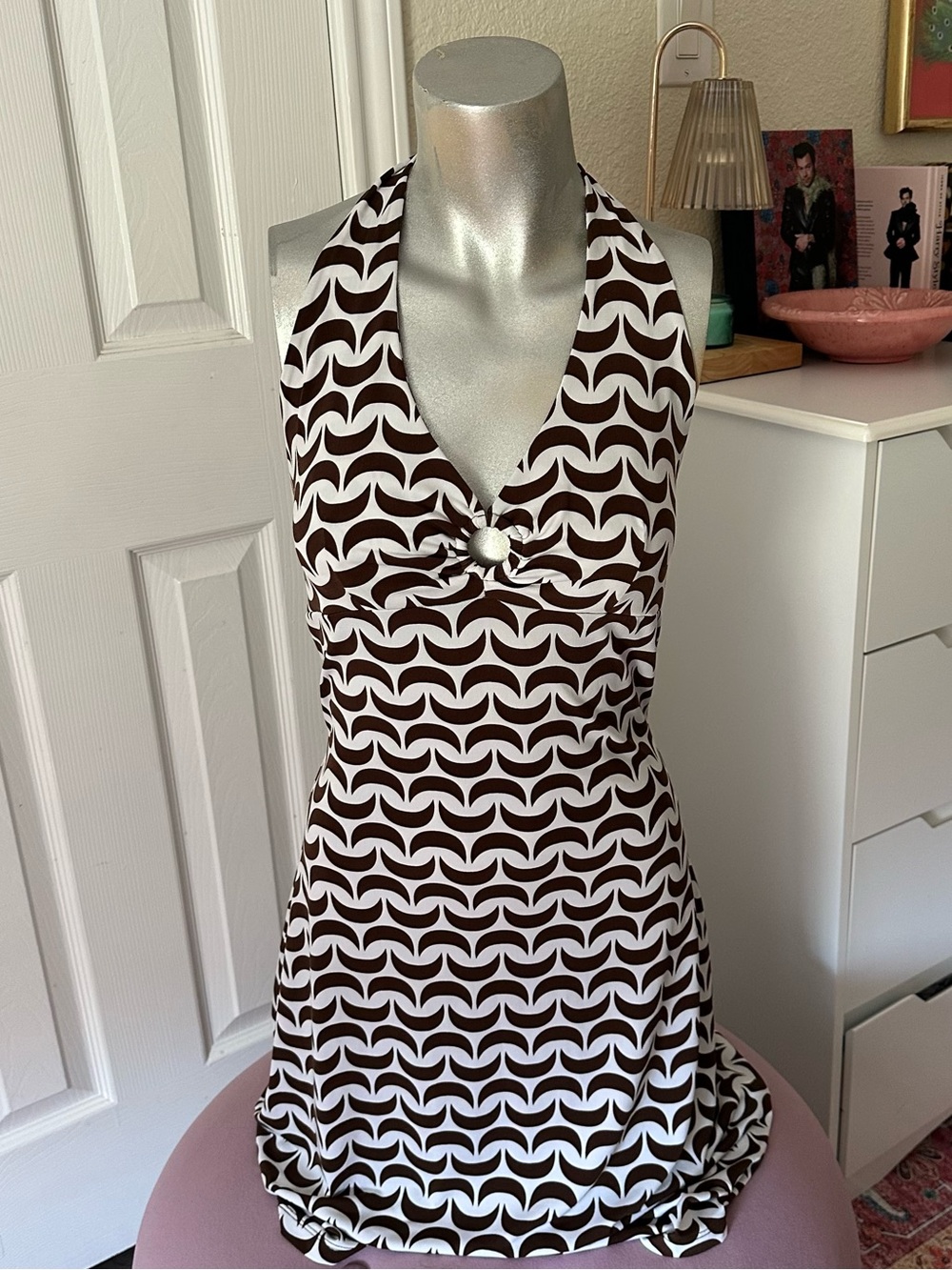 Attention Y2K White & Brown Boho Abstract Pattern Halter Dress